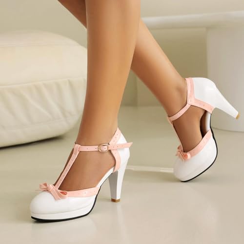 Image of ForeMode Fashion Women T-Strap High Heels Bow Platform Round Toe Pumps Leather Summer Sweet Shoes