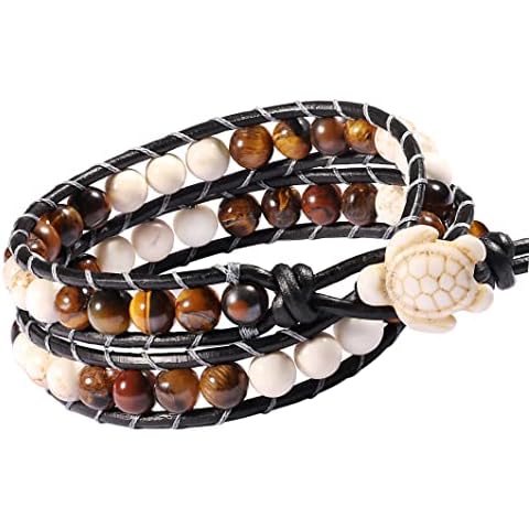 SOFYBJA Leather Wrap Cuff Braided Bracelet Turtle Howlite Tiger Eye Beads Handmade Bangle Boho Woven Wristband for Women Cover