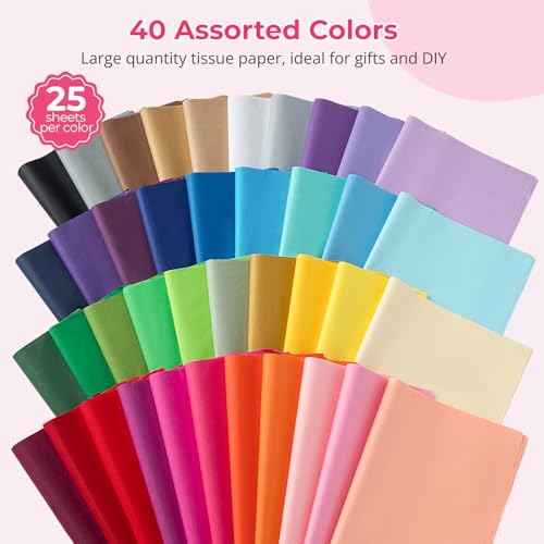 Image of Simetufy 1000 Sheets 20 x 30 Tissue Paper 40 Assorted Colors for Gift Bags | Tissue Paper Bulk for Gift Bags Crafts Wrapping, Colored Tissue Paper Squares for Birthday Wedding Holiday Decor Christmas