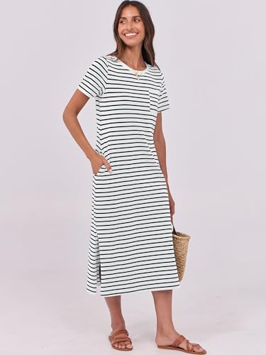 Image of ANRABESS Womens Midi Dress,Summer Long Tshirts Dresses,Short Sleeve Split Stripe,Comfy Travel Beach Vacation Casual Wear