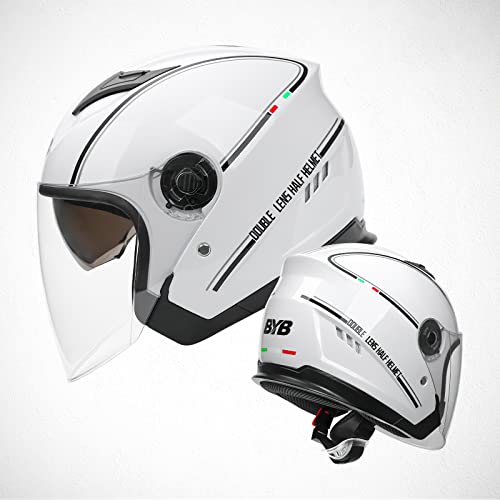 Lionciano Casco Semiaperto Adulto Con Doppia Visiera, Casco Moto Demi-Jet Moto Cross Casco Scooter Caschi Motorino Vintage, Piloto Urbano Helm(Bianco) - 2