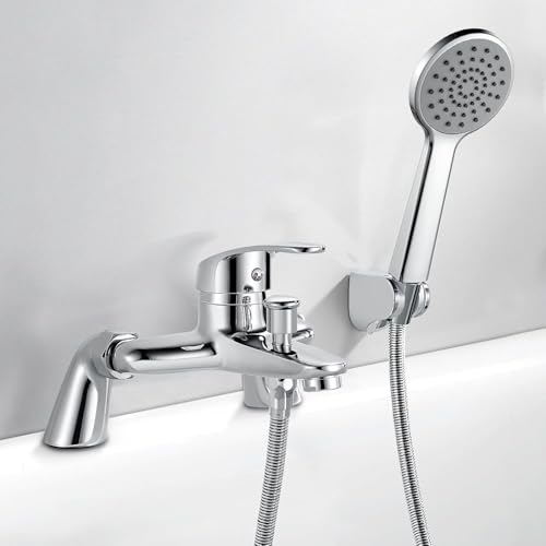 Zjyufy Bath Tap and Basin Mixer Tap Set, Bathtub Faucet Deck Mount Tub Filler Mixer Tap with Handheld Shower Head for Bathroom