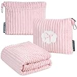 PAVILIA Travel Blanket Pillow in Soft Bag with Pockets, Airplane Blanket Set, Plane Blanket Compact Packable, Flight Essentials Car Pillow, Travelers Accessories Gifts, Luggage Strap, Light Pink