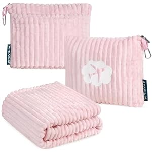 PAVILIA Travel Blanket Pillow in Soft Bag with Pockets, Airplane Blanket Set, Plane Blanket Compact Packable, Flight Essentials Car Pillow, Travelers Accessories Gifts, Luggage Strap, Light Pink