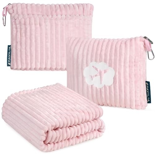 PAVILIA-Travel-Blanket-Pillow-in-Soft-Bag-with-Pockets-Airplane-Blanket-Set-Plane-Blanket-Compact-Packable-Flight-Essentials-Car-Pillow-Travelers-Accessories-Gifts-Luggage-Strap-Light-Pink PAVILIA Travel Blanket Pillow in Soft Bag with Pockets, Airplane Blanket Set, Plane Blanket Compact Packable, Flight Essentials Car Pillow, Travelers Accessories Gifts, Luggage Strap, Light Pink - Image 1
