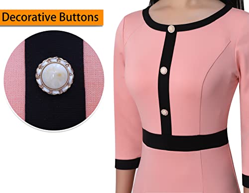 Vfshow Womens Peach Pink And Black Patchwork Button Crew Neck Slim Wear To Work Office Business Bodycon Pencil Dress 9793 Pik Xl #TOP2