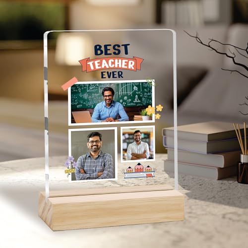 Image of Giftplease Best Teacher Plaque | Personalized Photo Frame with Wooden Stand | Appreciation Gift for Teachers | Teacher's Day Retirement Farewell Gift (Custom Photo & Text CTH 11
