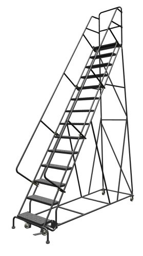 Image of Tri-Arc KDSR114246 14-Step Steel Rolling Industrial and Warehouse Ladder with Handrails and 24 inch Wide Perforated Tread