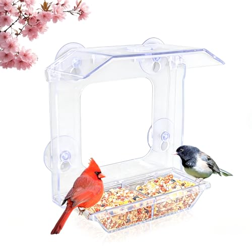 JICYOUP Window Bird Feeder with 4 Extra Strong Suction Cups, Clear Bird Feeder with Dual Seed Tray, Easy to Install & Clean, Birdfeeder for Viewing Wild Birds, Bird Watching Gift, Garden Decor