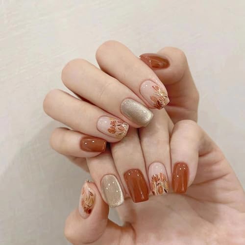 24Pcs Autumn Leaves Press on Nails Medium Coffin Fake Nails Full Cover Glossy Glue on Nails with Designs Acrylic False Nails Fall Floral Stick on Nails for Women Autumn Winter Nail Art Decoration