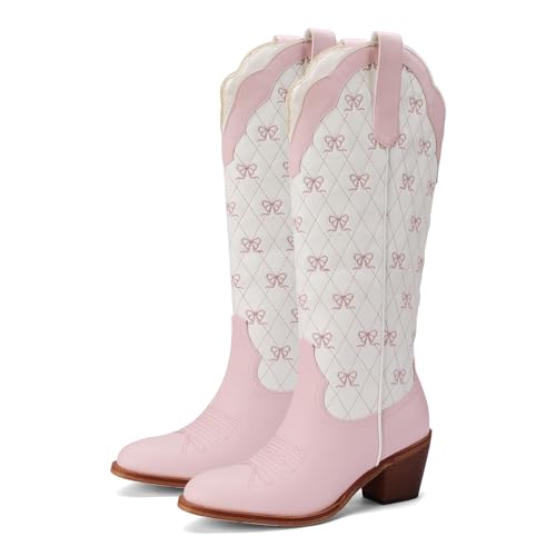 Image of Lace Up Cowboy Boots for Women Embroidered Wide Calf Cowgirl Boots Comfortable Chunky Heel Pointed Toe Trendy Western Shoes for Prom Music Festival