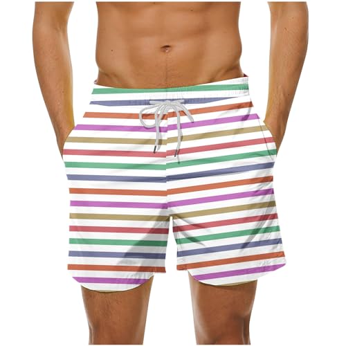 Mens Casual Striped Swim Shorts Drawstring Waist Loose Fit Board Trunks Quick Dry Lightweight Beachwear Shorts 2025