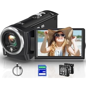2.7K Video Camera Camcorder QHD 56MP YouTube Vlogging Camera Webcam 16X Digital Zoom with 32G SD Card 270 Degree Rotation Screen Camcorders and 2 Batteries Recording While Charging