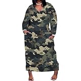 XECCEEN Plus Size Trendy Casual Fall Dresses for Curvy Women 2024 V-Neck Long Sleeve Camouflage African Style Printed Colorful Tie Dye Maxi Dress with Pockets Travel Vacation Outfits Clothing