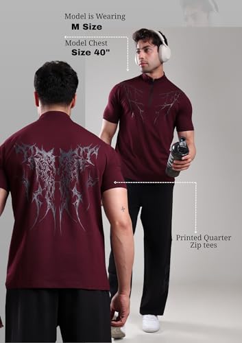 Image of GROW Stylish Gym T Shirts for Men Workout | Cotton and Spandex Quarter Zip Back Printed Collar T Shirts for Men Half Sleeves
