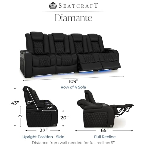 Image of Seatcraft Diamante Black Italian Leather Home Theater Seating, Zero Gravity Power Recliner Gaming and Home Office Chair, Powered Headrest Lounge Sofa Furniture for Cinema Room, Row of 4 Sofa