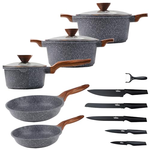 La Moustache - Batería de Cocina de Aluminio con Antiadherente | 8 Piezas Amalfi + 5 Cuchillos Negros Inoxidables con Pelador de Verduras, Ollas/Sartenes para Todas las Cocinas, Incluso Inducción