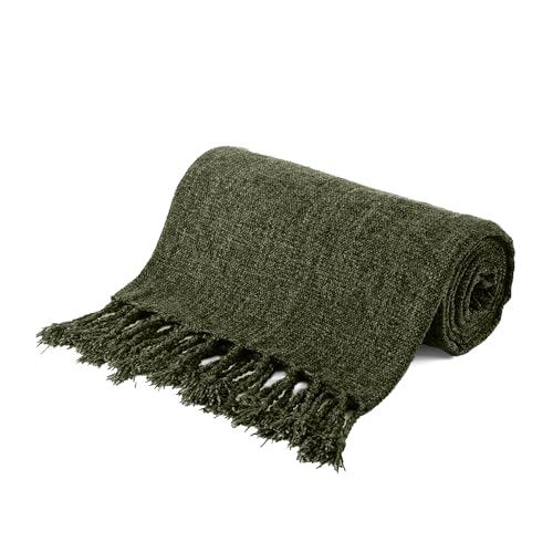 BATTILO HOME Olive Green Chenille Throw Blanket for Couch, Soft Cozy Textured Knit Throw Blanket with Handmade Fringe Tassels, Lightweight Decorative Farmhouse Blanket for Sofa Bed Chair, 50"x60" by Battilo - Used condition - Image 9