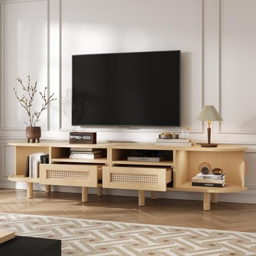 EURHCIO Meuble TV Ovale 170x40x40cm,Meuble Tele,Meubles Bas Rangement avec 2 Tiroirs en Rotin,2 Portes Coulissantes,Étagères,pour Téléviseurs de Moins 70...