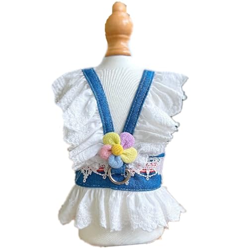 ISUPY 犬猫用洋服 ドレス 春夏 通気 犬服 ワンピース お姫様 スカート 袖なし 薄手 ハーネス リード ドッグウェア 小型犬 中型犬 洋服 脱毛保護 ペット服 (XS,ダークブルー/花)