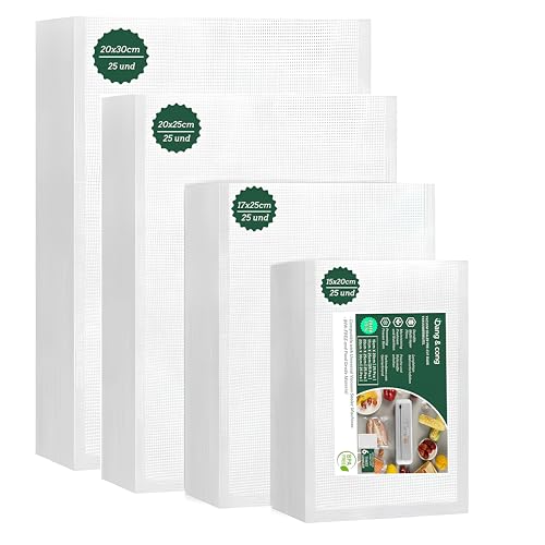 Bolsas de Vacío Gofradas COMBO HOGAR – Pack de 100 (4 Tamaños: 15x20, 17x25, 20x25 y 20x30 cm) – Aptas para Todas las Envasadoras – Bolsas para Alimentos Sin BPA