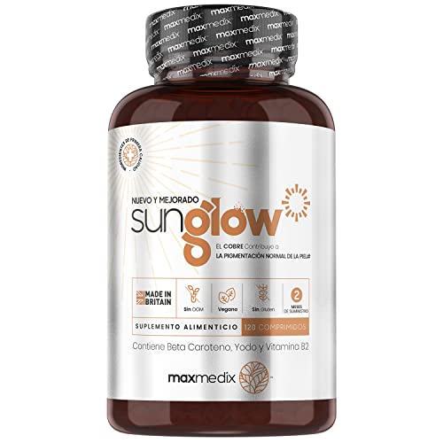 Betacaroteno con Zinc, Yodo y Cobre, 120 Comprimidos Veganos - Sunglow con Beta-caroteno, Vitamina B3, B2 y Cobre, Contribuye a la Pigmentación Normal de Piel y Pelo, Para 2 Meses de Suministro