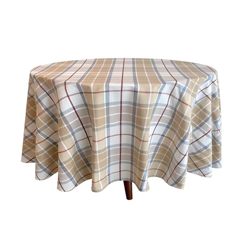 Lintex Summer Beige Plaid Cotton Tablecloth, 70 Inch Round, Washable Indoor Outdoor Fabric Table Cover, Farmhouse Woven Table Linen for Kitchen Dining, Patio BBQ Picnic