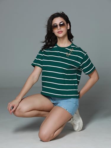 Image of HIGH STAR Women's Cotton Striped Oversized Fit T-Shirt