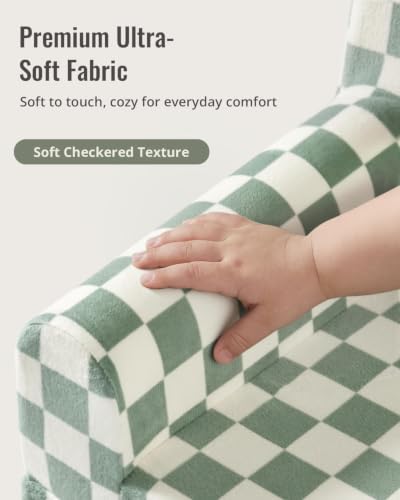 Image of Blissful Diary Foldable Kids Couch, Extra Wide Kids Sofa Chair, Sage Check | 30.7 inch Wide Seat, 2-in-1 Fold Out Comfy Design, High-Density Foam Support, Washable Cover, Carry Handle