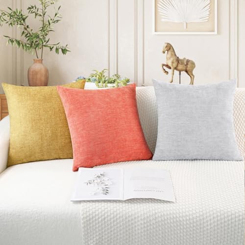 Image of CaliTime Pack of 2 Cozy Throw Pillow Covers Cases for Couch Sofa Home Decoration Solid Dyed Soft Chenille 18 X 18 Inches Living Coral
