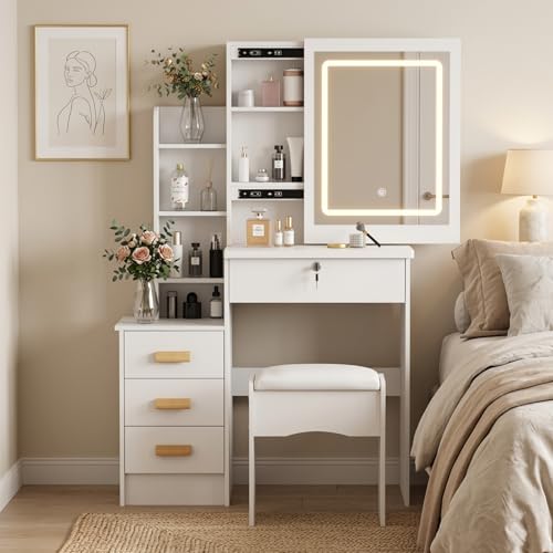 SwiftPath Coiffeuse avec Miroir Coulissant éclairé, Coiffeuse de Chambre à Coucher, Table de Maquillage avec 4 tiroirs, étagères Ouvertes, Rangement caché, Cadeau pour Filles et Femmes (Blanc)