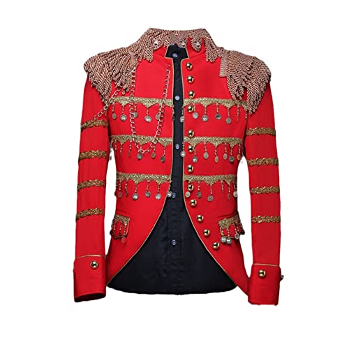 Kelsiop Men's Punk Military Drummer Jacket Fashion Fringe Design Stand Collar Blazer Club Party Clothing