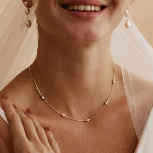Dainty Pearl Gold Necklace for Women with CZ Choker 14K Gold Plated Chain Wedding Trendy Bridesmaid Cute Jewelry Gift2