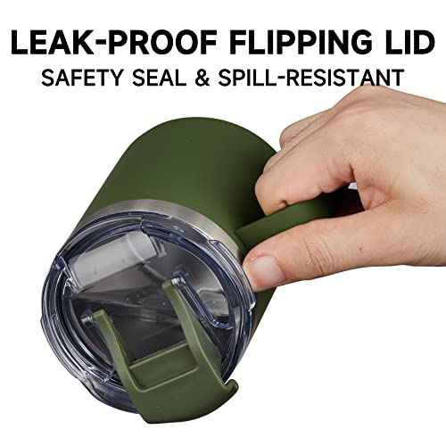Image of 12oz Insulated Coffee Mug Cup with Handle, Stainless Steel Travel Coffee Mug with Flip Lid, Double Wall Vacuum Coffee Tumbler, ArmyGreen