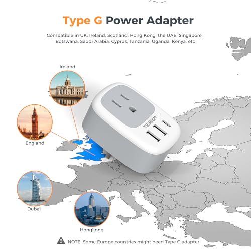 Image of UK Adapters for Travel, TESSAN US to UK Plug Adapter, Ireland Outlet Plug with 3 USB Charger (1 USB C Port), Type G Power Adaptor for USA to England Qatar Hong Kong Scotland Dubai London Kenya Irish