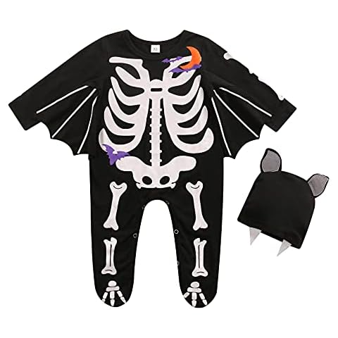 Alaurbeauty Newborn Baby Boys Girls Halloween Outfit Long Sleeve Skeleton Romper Jumpsuit Bodysuit + Hat 2Pcs Fall Clothes Set (G-Black, 3-6 Months) Cover