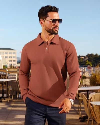 Mens Jacquard Polo Shirts Long Sleeve Striped Textured Knit Polo Regular Fit Casual Button Down Stretchy Golf Shirts2