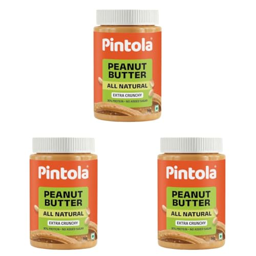 Image of Pintola All Natural Peanut Butter Extra Crunchy 1kg |Unsweetened | 30g Protein | Gluten & Cholesterol Free, Vegan, Nut Butter, High in Protein Spread, 100% Pure Roasted peanut butter (Pack of 3)