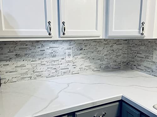 Peel And Stick Backsplash Tiles, White Stone Textured Pvc Marble Shine, 10 Tiles Of 11.5” X 5.86” (4.68 Sq Ft) #TOP3