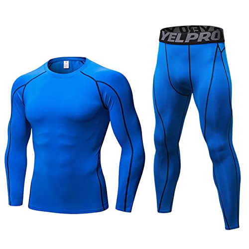 SANANG Hommes Compression Survêtement Fitness Serré À Séchage Rapide Courir Ensemble T-Shirt Legging Sportswear Gym Sport Costume (X-Large, Bleu Long) Cover