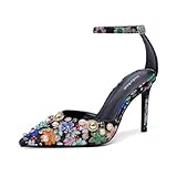 Mofirdast Womens Ankle Strap Colorful Rhinestones Heels Floral Print Embroidery Pumps Sandals Wedding Daily Dressy Prom Party Shoes Black Size 9