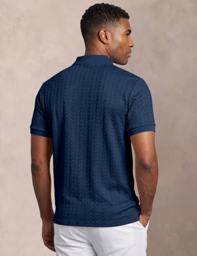 Image of JMIERR Men's Cable Knit Polo Shirts Elasticity Short Sleeve | Men's cable knit polo shirt with elasticity, machine wash, short sleeve, breathable textured knit for spring summer