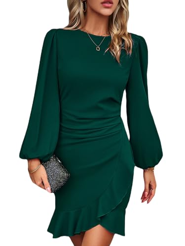 Image of Spicy Sandia Women Ruched Bodycon Cocktail Formal Mini Dress Elegant Ruffled Lantern Sleeve Business Work Banquet Tulip Dress