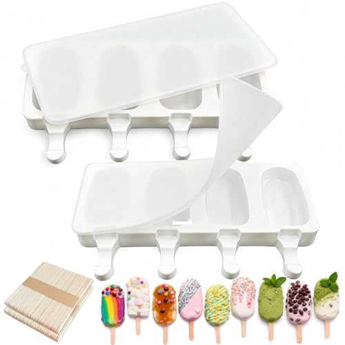 2 Pack Silicone Popsicle Molds Largre Oval 4 Cavities Homemade Ice Pop Molds with 100 Wooden Sticks for Ice Cream Cakesicles Cake Pop