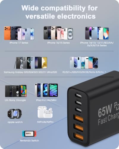 Image of 2-Pack 65W USB C Charger Block, 6-Port Fast Wall Charging Block [3 PD USB-C & 3 QC USB-A] for iPhone 17 16 15 Pro Max, iPad Pro, Galaxy S26 S25, Pixel 10 9, iWatch,Google & More