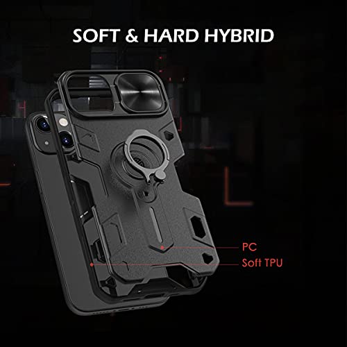 Image of CloudValley Compatible with iPhone 13 Case with Camera Cover & Stand, Slide Lens Protection and Built in 360 Rotatable Ring Holder, Soft Edge Bumper Protective Cases, Black