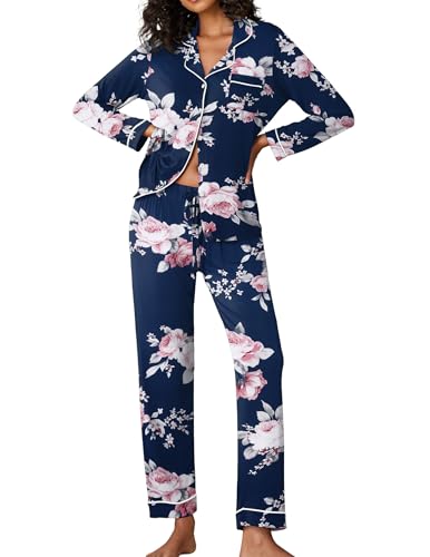 Image of Ekouaer Womens Pajama Sets Long Sleeve Sleepwear Soft Button Down Loungewear Pjs Lounge Set Nightwear,Floral Navy Pink,Medium