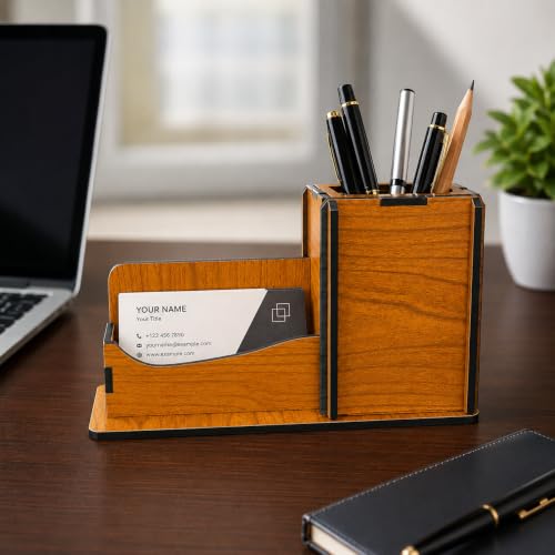 Image of Zesta Wooden Desk Organizer Pen Stand Remote Holder Card Slot | Table Accessory Office Desk Study Room | Pencil Storage Stand Stylish Workspace Decor (Nainteek, Card Holder + Pen Holder)