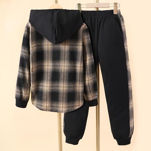 Image of Little Boys Two Pieces Outfit Kids Plaid Color Front Button Down Hoodie Sweatshirt and Jogger Sweatpants Sets