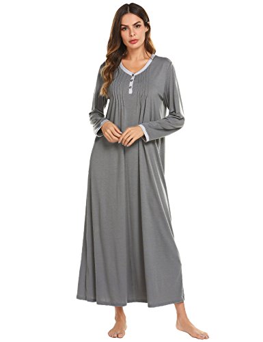 Ekouaer Womens Cotton Knit Long Sleeve Nightgown for Women, Henley Full Length Sleep Dress,Dark Grey,X-Large